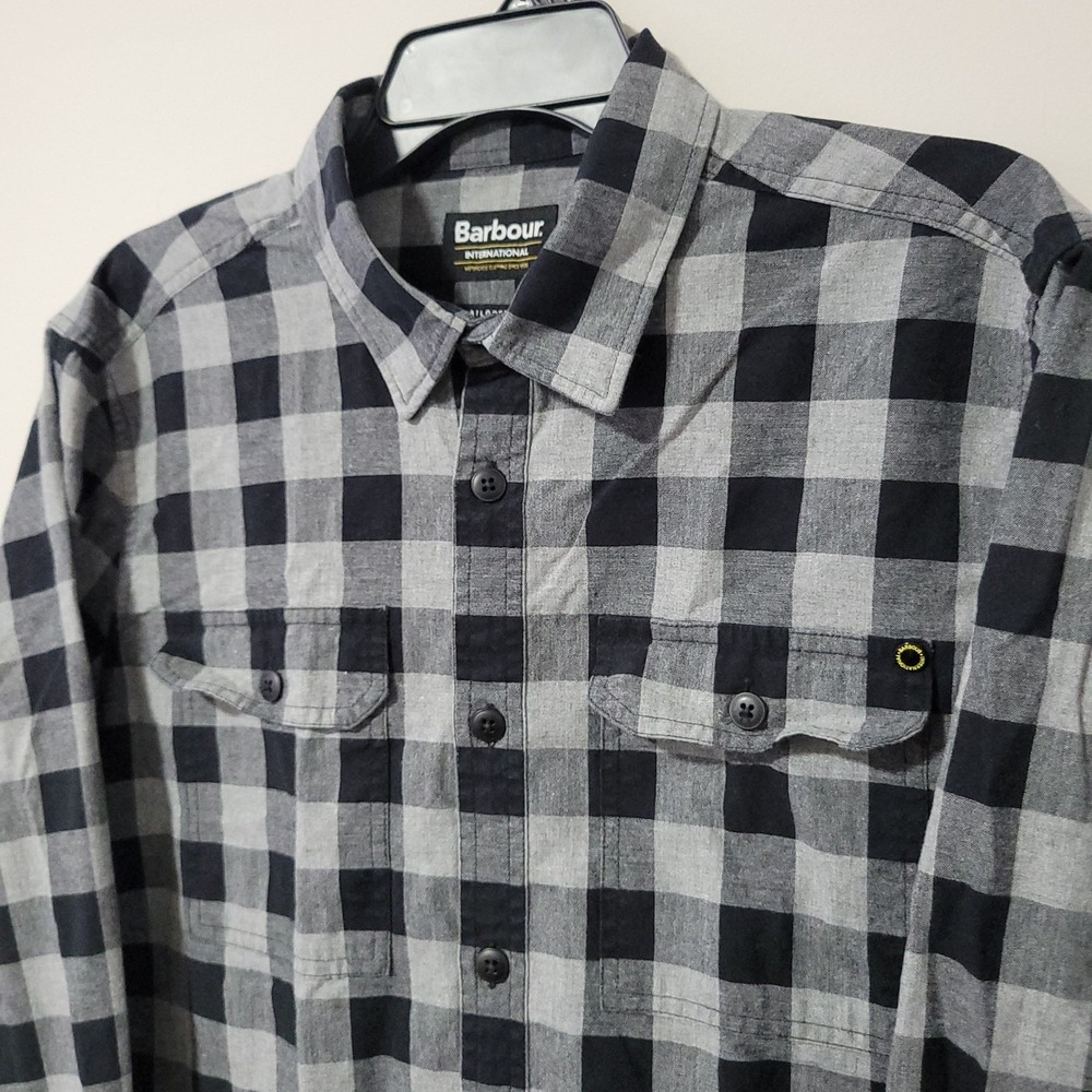Barbour International Button Up Shirt Mens M Black Gray Buffalo Plaid Motorcycle